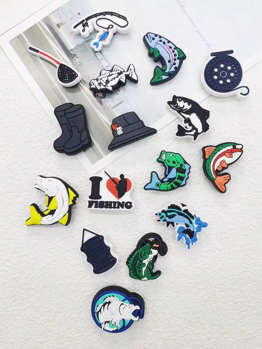 16PCS Green Grey Love Fishing Series PVC Shoe Charms Funny Pattern Clog Shoes Decorations DIY Accessories Removable Women Hole Shoes Clips Decor