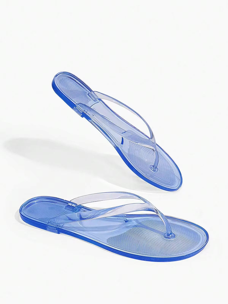 Grefit Spring And Summer New Round Toe Flat Bottom Casual Vacation Simple Blue Flat Sandals Slippers Women's Flip-Flops