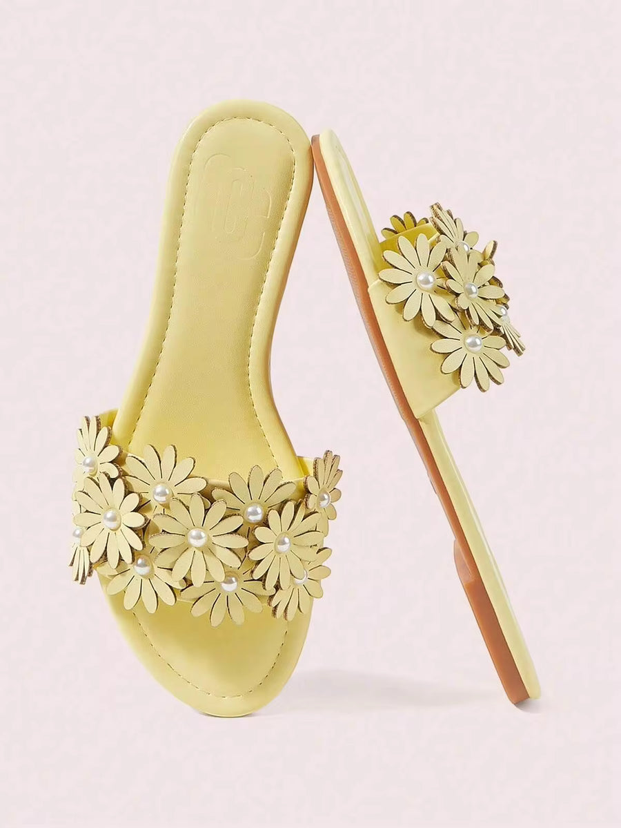 CUCCOO DOLLMOD Women's Shoes, Light Yellow, Comfortable Flat Sandals, Sweet Wind Daisy Flat Slippers